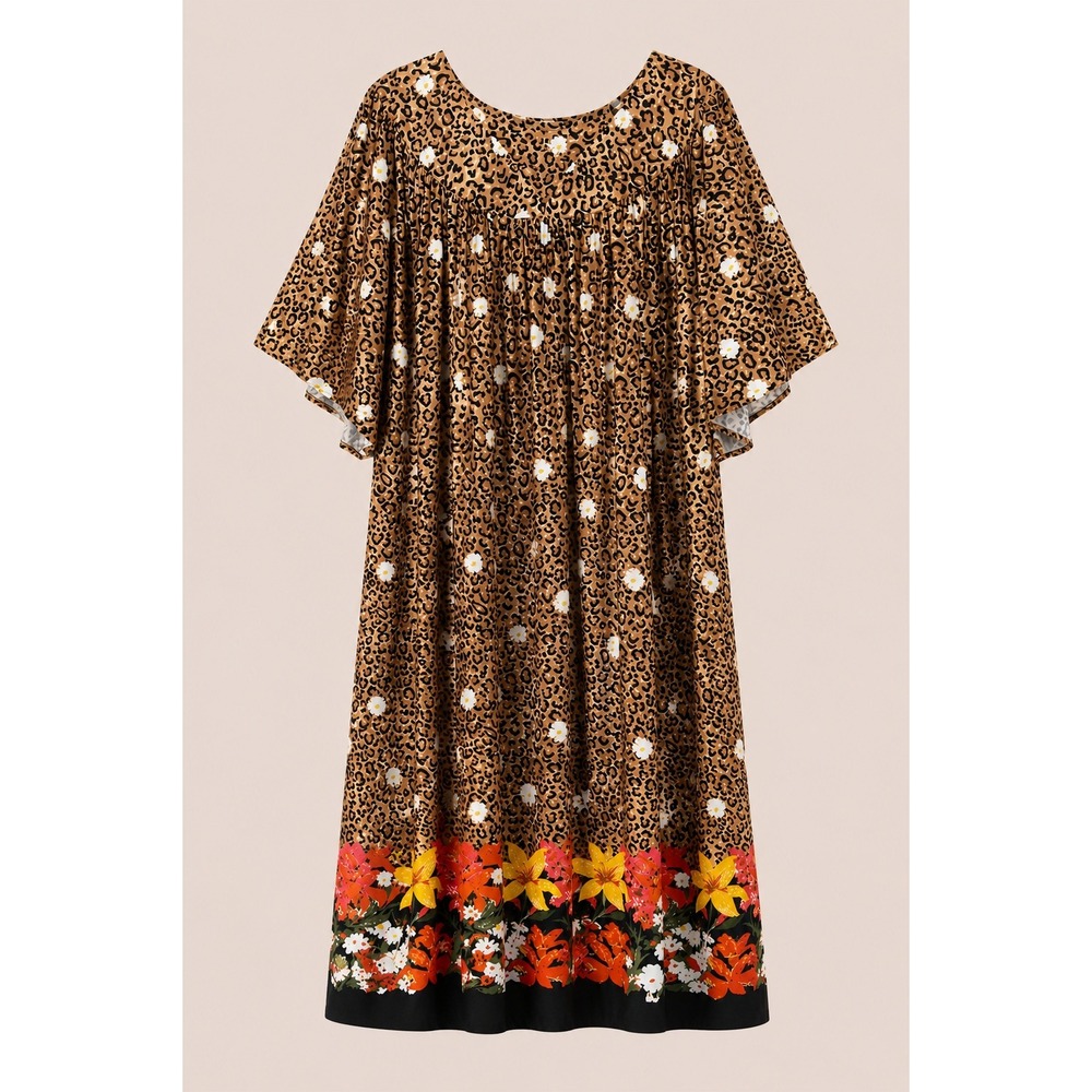 Leopard Floral Satin Muumuu House Dress Boho Maximalist Brown Poly 3X 4X
